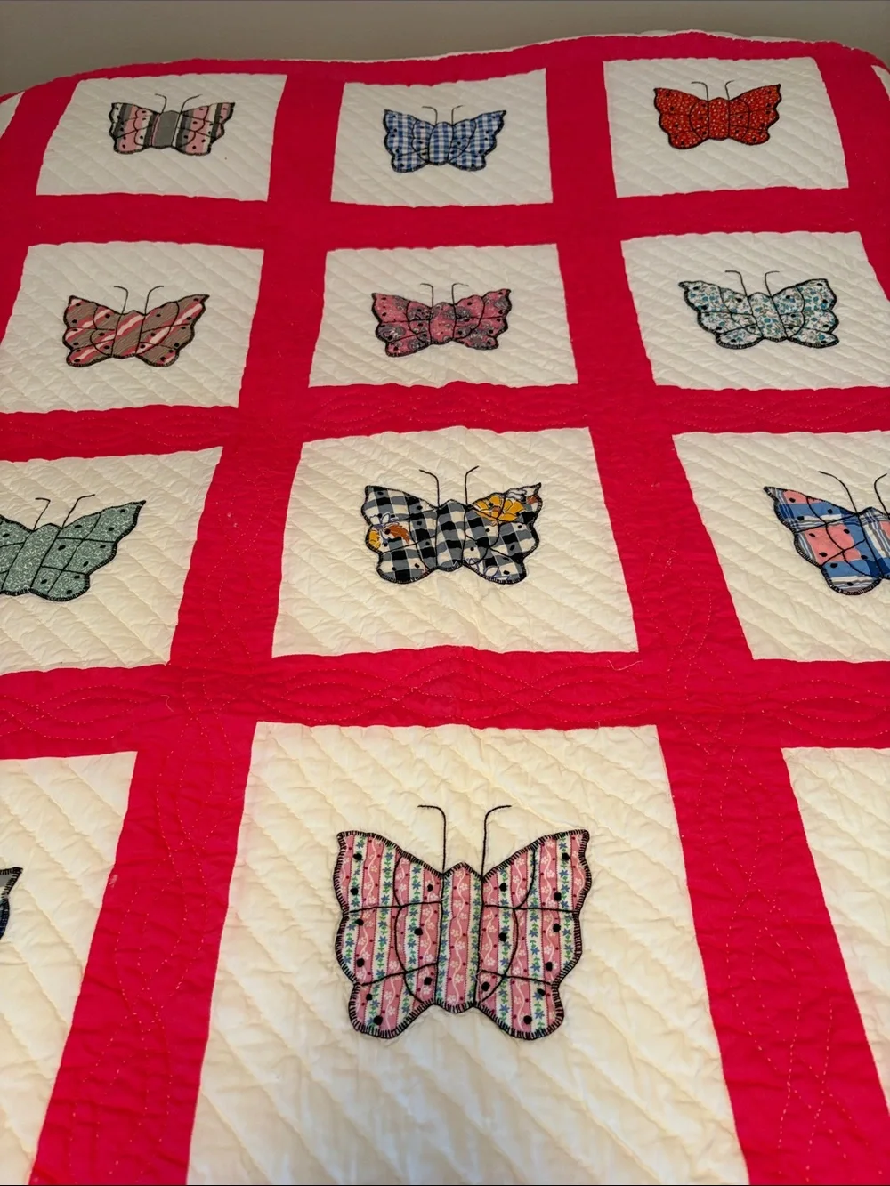 Vintage  handcrafted Butterfly Patchwork Quilt - Pink and White